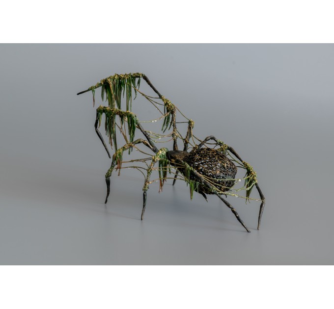 Collectible Handmade Black spider sculpture with a moss. OOAK