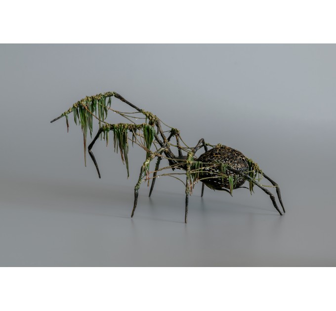 Collectible Handmade Black spider sculpture with a moss. OOAK