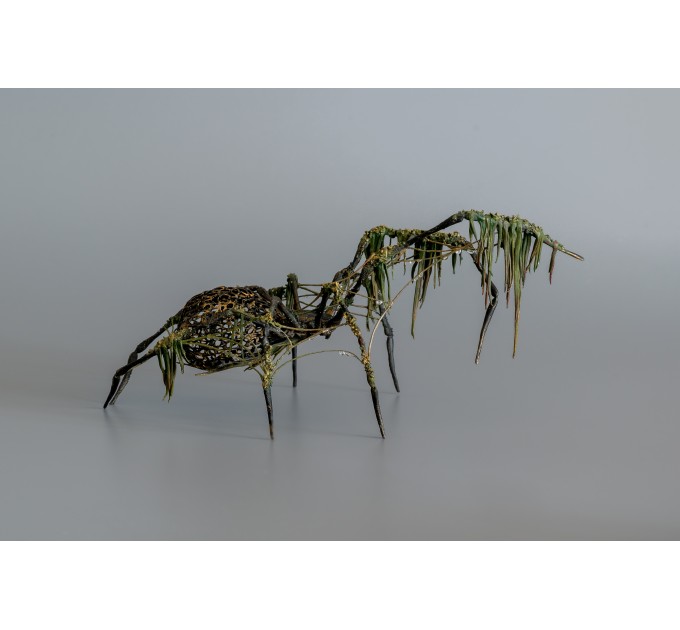 Collectible Handmade Black spider sculpture with a moss. OOAK