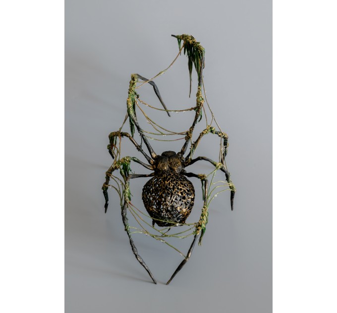 Collectible Handmade Black spider sculpture with a moss. OOAK