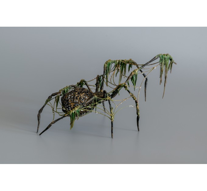 Collectible Handmade Black spider sculpture with a moss. OOAK