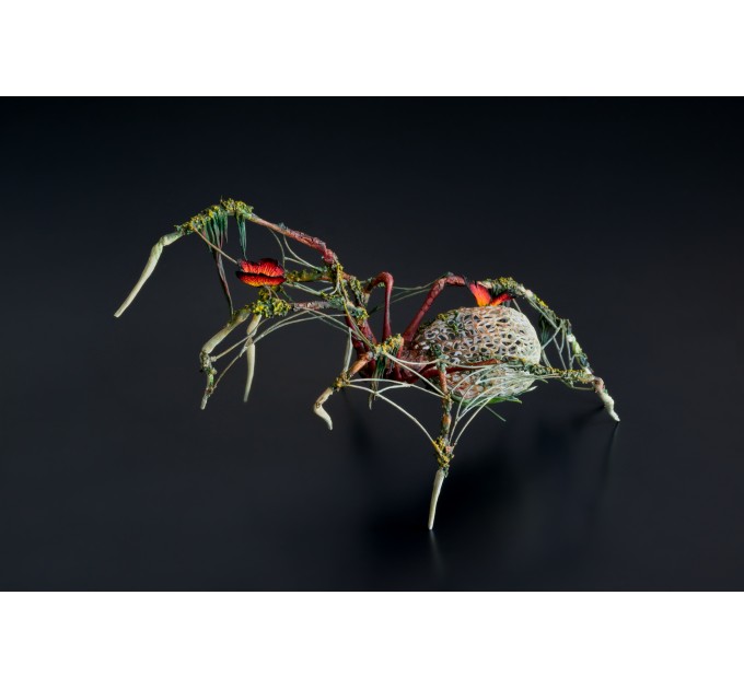 Collectible Handmade black spider sculpture with a fire butterfly. OOAK