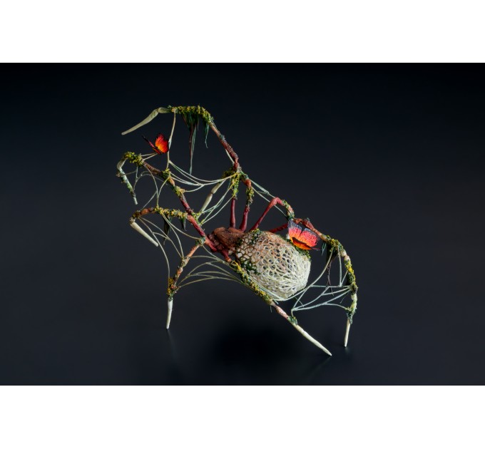 Collectible Handmade black spider sculpture with a fire butterfly. OOAK