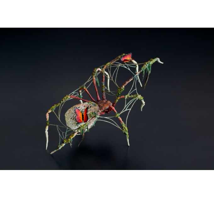 Collectible Handmade black spider sculpture with a fire butterfly. OOAK