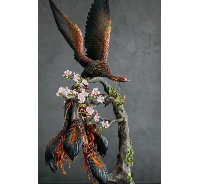 Collectible phoenix statue bird with sakura tree. Black fire bird