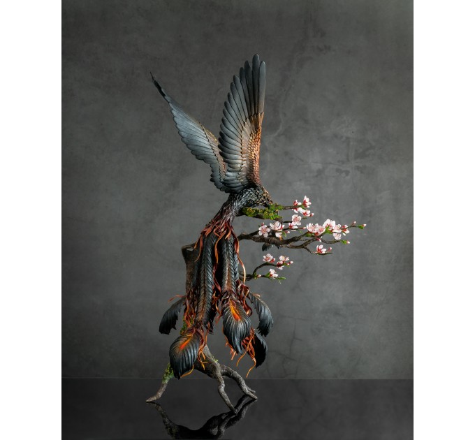 Collectible phoenix statue bird with sakura tree. Black fire bird