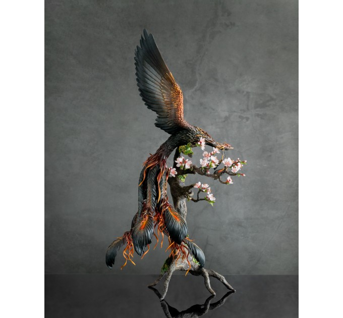 Collectible phoenix statue bird with sakura tree. Black fire bird