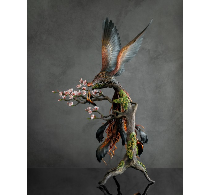 Collectible phoenix statue bird with sakura tree. Black fire bird