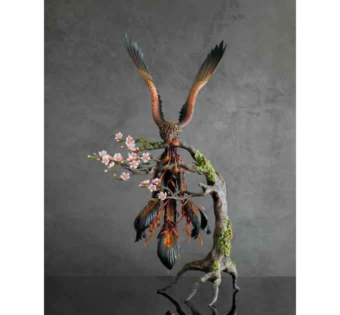 Collectible phoenix statue bird with sakura tree. Black fire bird