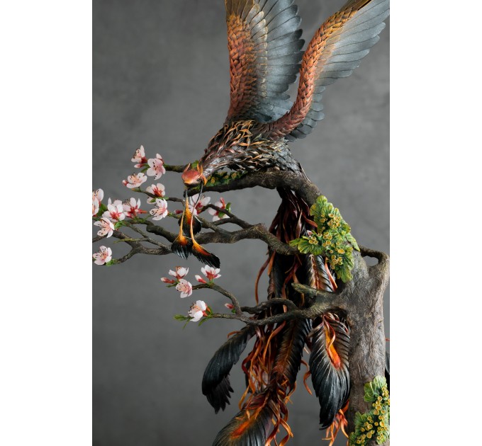 Collectible phoenix statue bird with sakura tree. Black fire bird