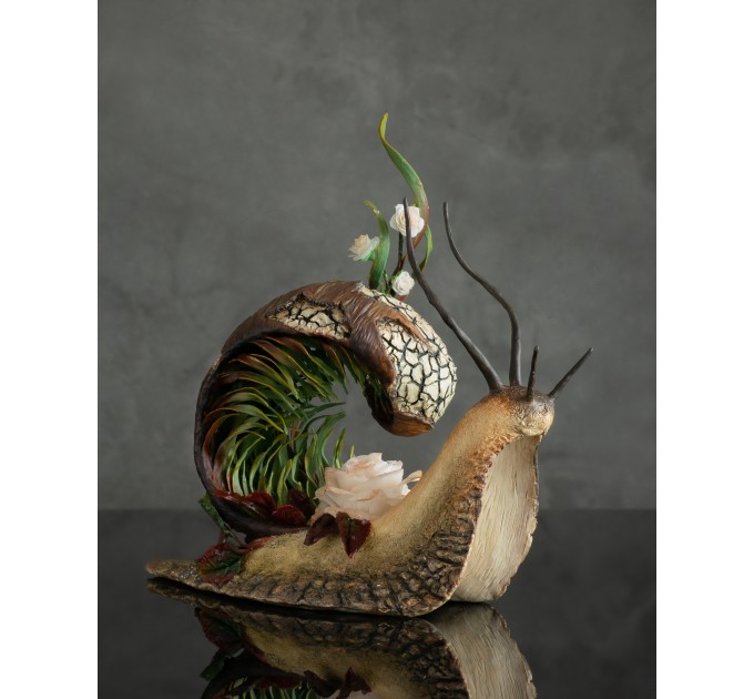 Collectible snail sculpture with roses. Handmade fantasy OOAK 