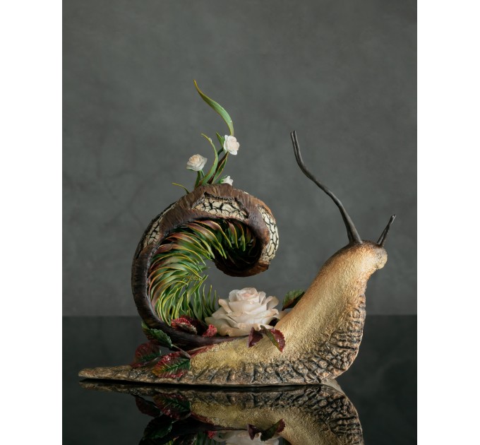 Collectible snail sculpture with roses. Handmade fantasy OOAK 