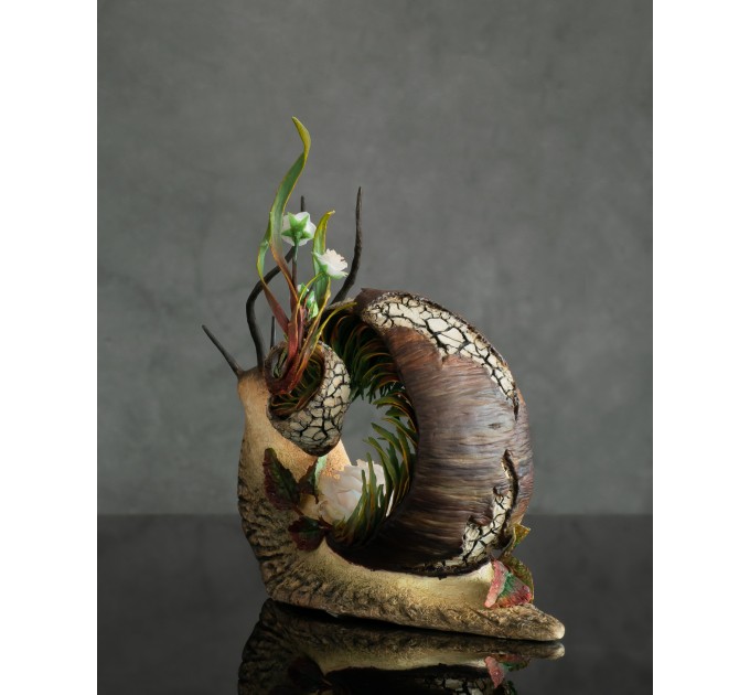 Collectible snail sculpture with roses. Handmade fantasy OOAK 