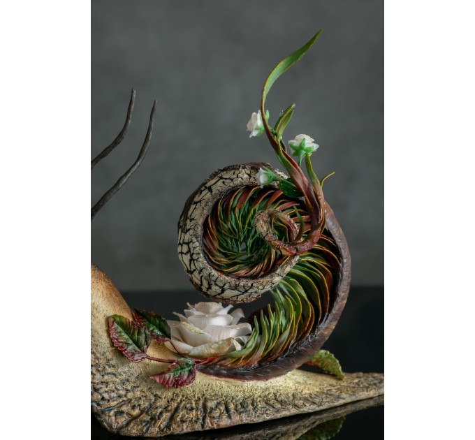 Collectible snail sculpture with roses. Handmade fantasy OOAK 