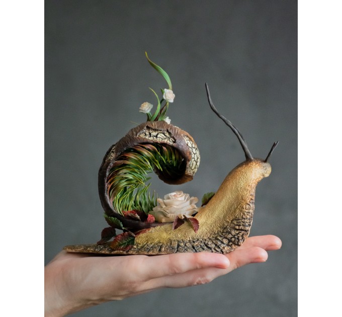 Collectible snail sculpture with roses. Handmade fantasy OOAK 