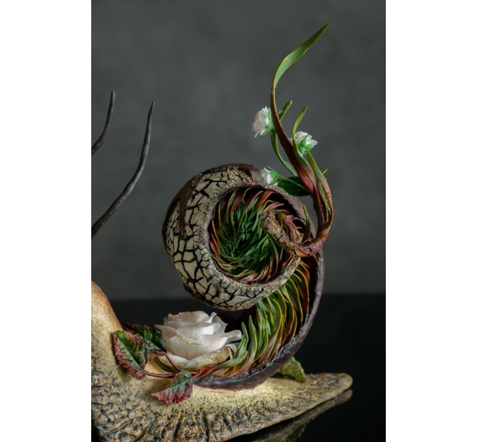 Collectible snail sculpture with roses. Handmade fantasy OOAK 