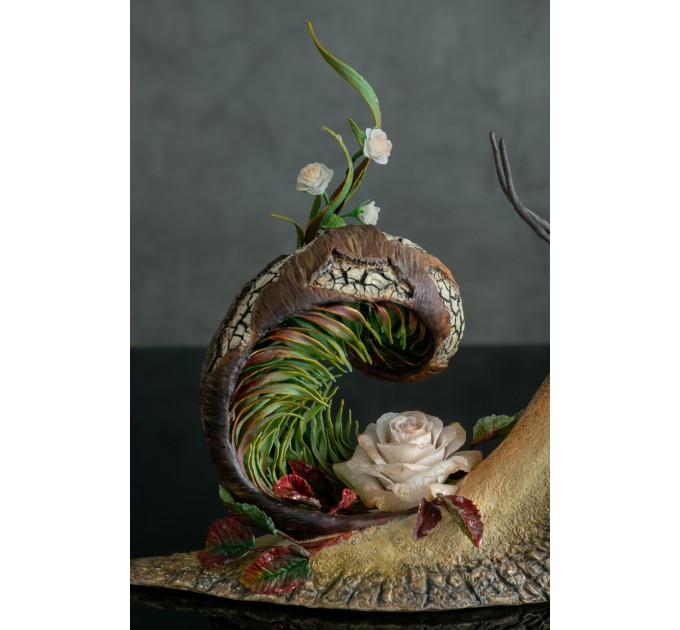 Collectible snail sculpture with roses. Handmade fantasy OOAK 