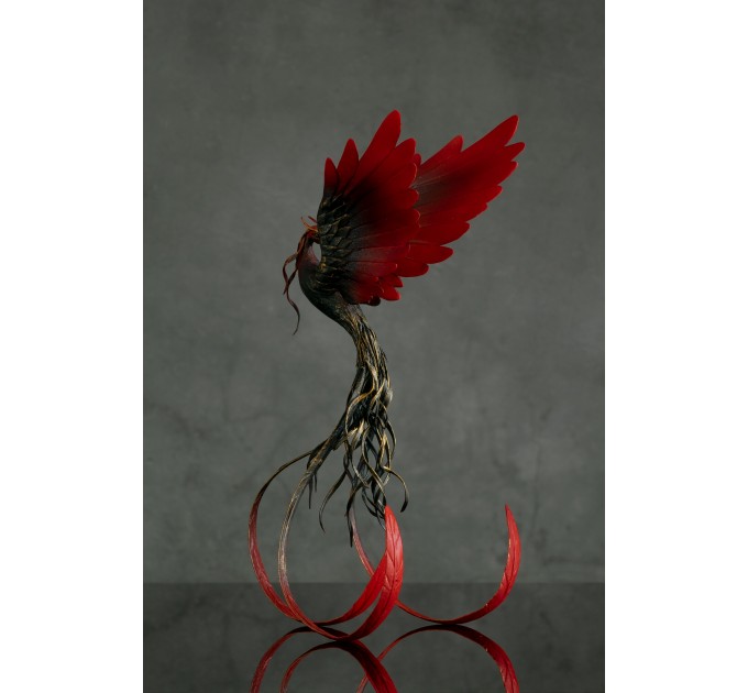 Handmade Phoenix statue bird. Black and red 