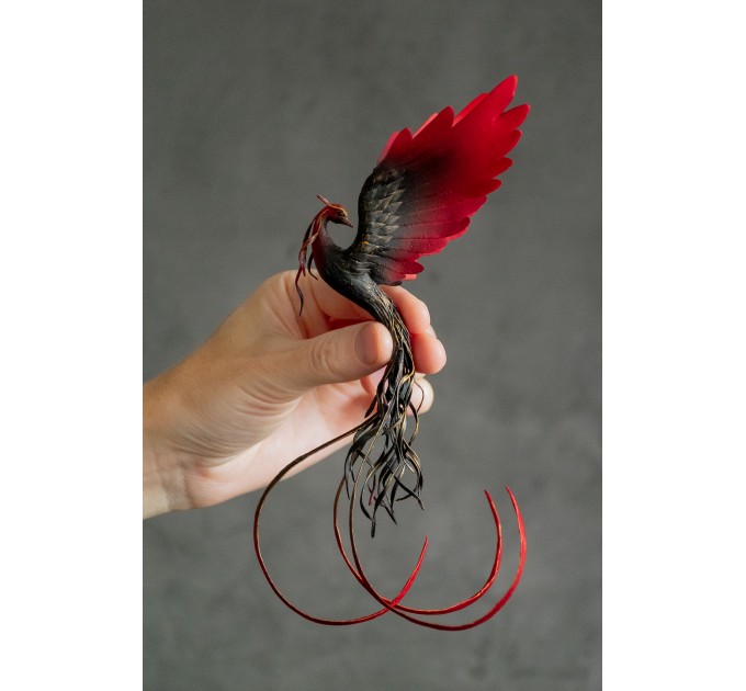 Handmade Phoenix statue bird. Black and red 