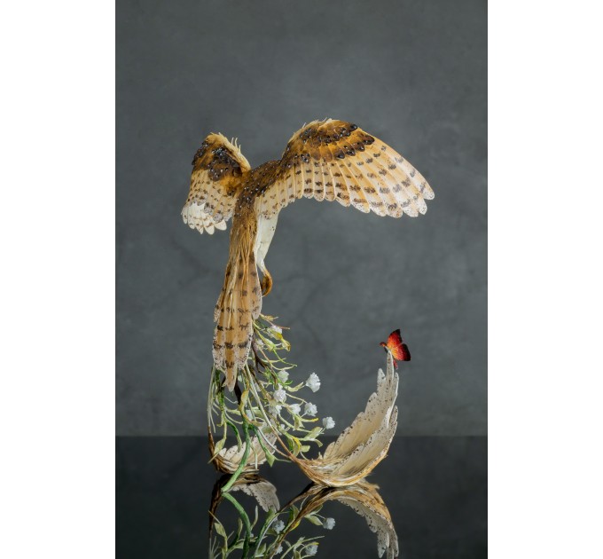 Collectible Owl sculpture with a fire butterfly. OOAK