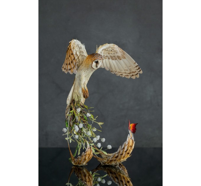 Collectible Owl sculpture with a fire butterfly. OOAK