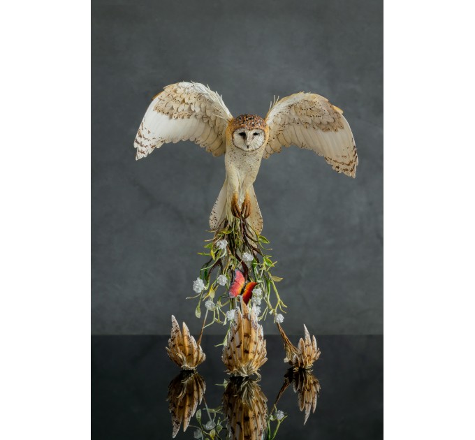 Collectible Owl sculpture with a fire butterfly. OOAK