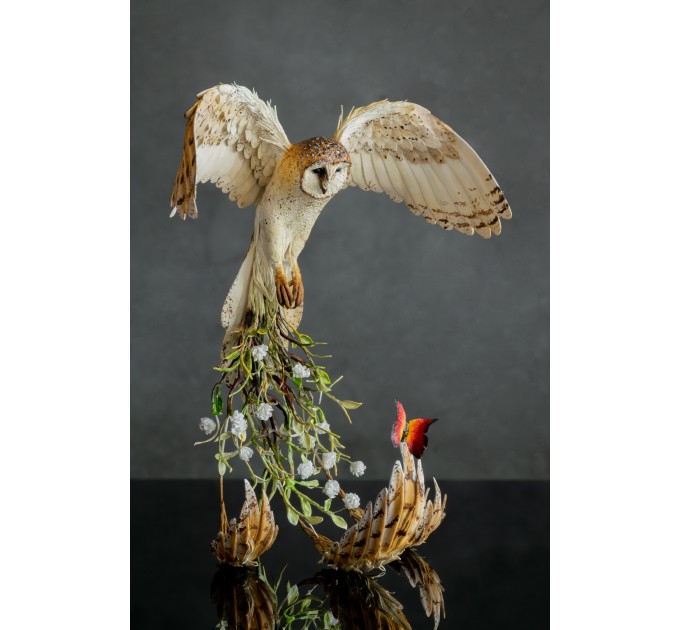 Collectible Owl sculpture with a fire butterfly. OOAK