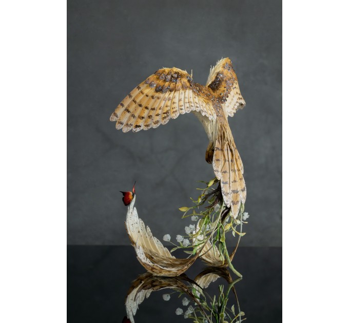 Collectible Owl sculpture with a fire butterfly. OOAK