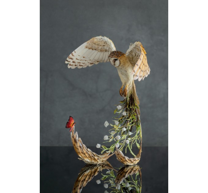 Collectible Owl sculpture with a fire butterfly. OOAK