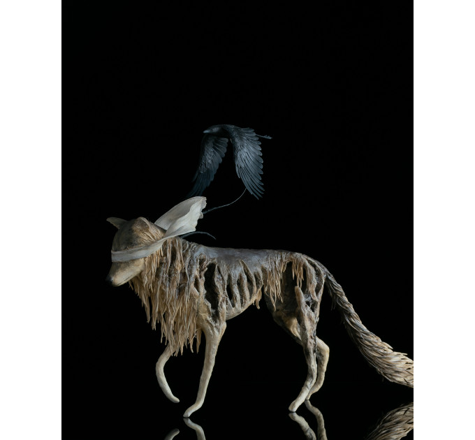  Sculpture wolf with a crow. Handmade from air-dry clay