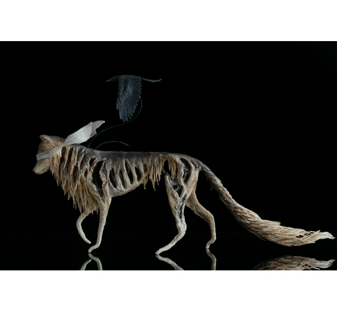  Sculpture wolf with a crow. Handmade from air-dry clay
