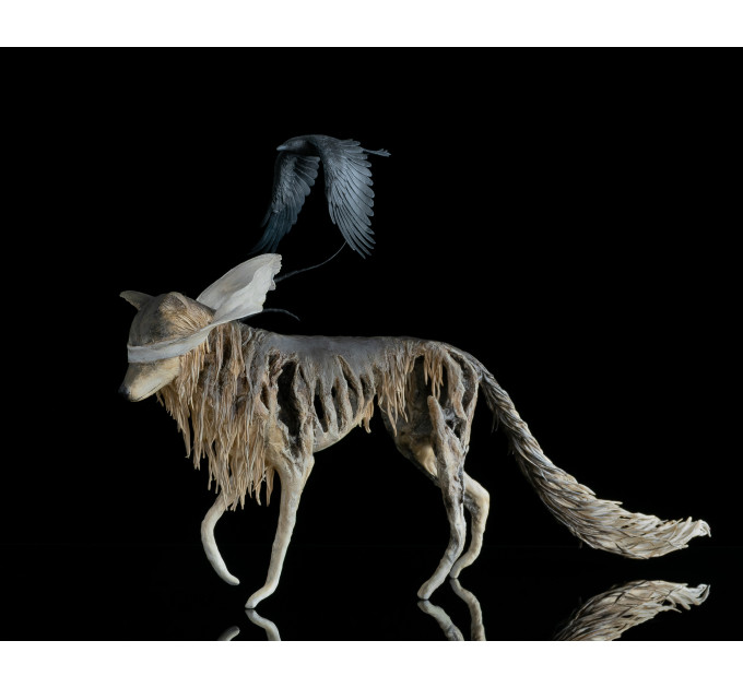  Sculpture wolf with a crow. Handmade from air-dry clay