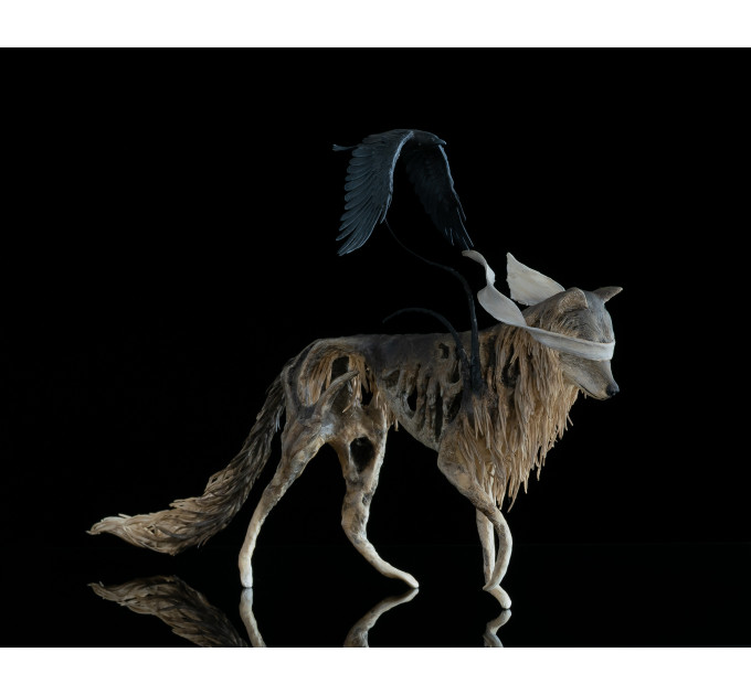  Sculpture wolf with a crow. Handmade from air-dry clay