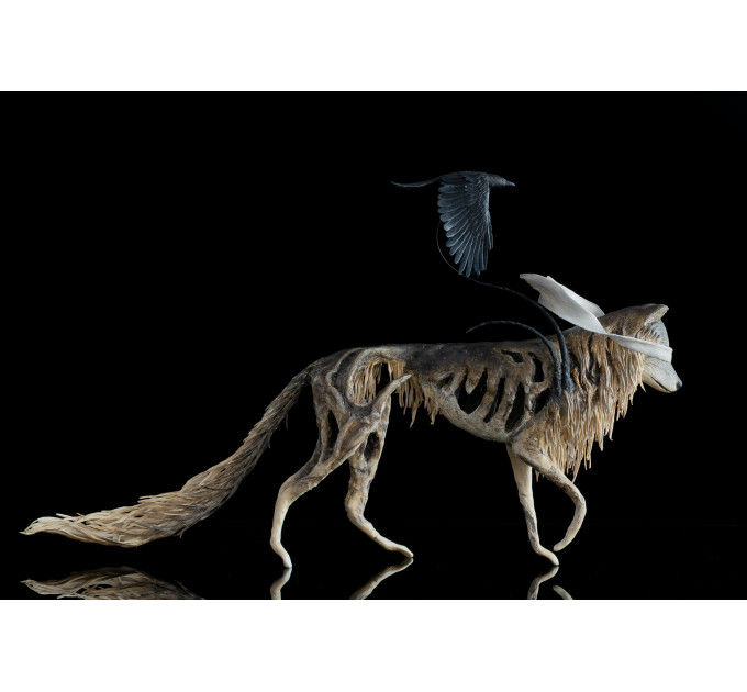  Sculpture wolf with a crow. Handmade from air-dry clay