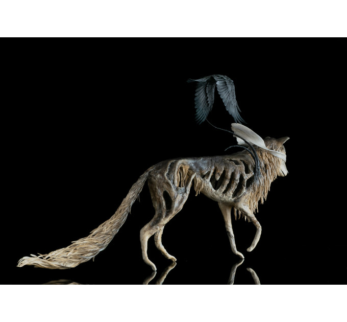  Sculpture wolf with a crow. Handmade from air-dry clay